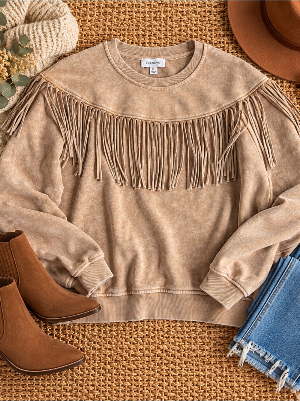 Evereve Tan Fringe Yoke Crewneck Sweater